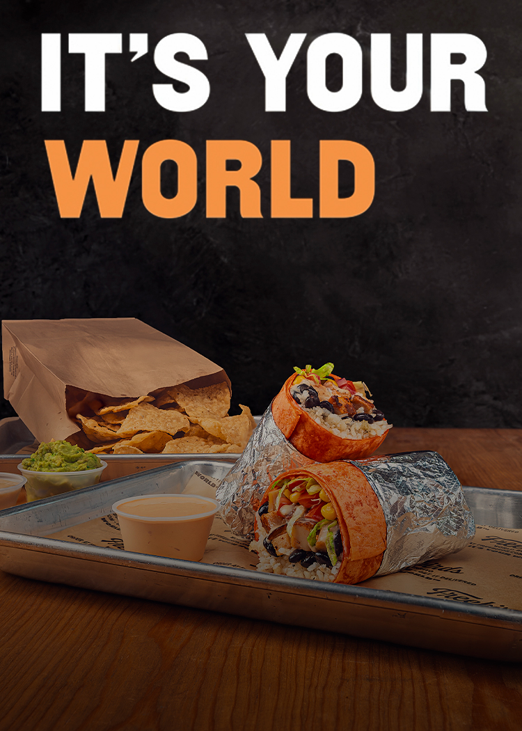 Freebirds It’s Your World campaign featuring burrito, chips, sauces, and drink