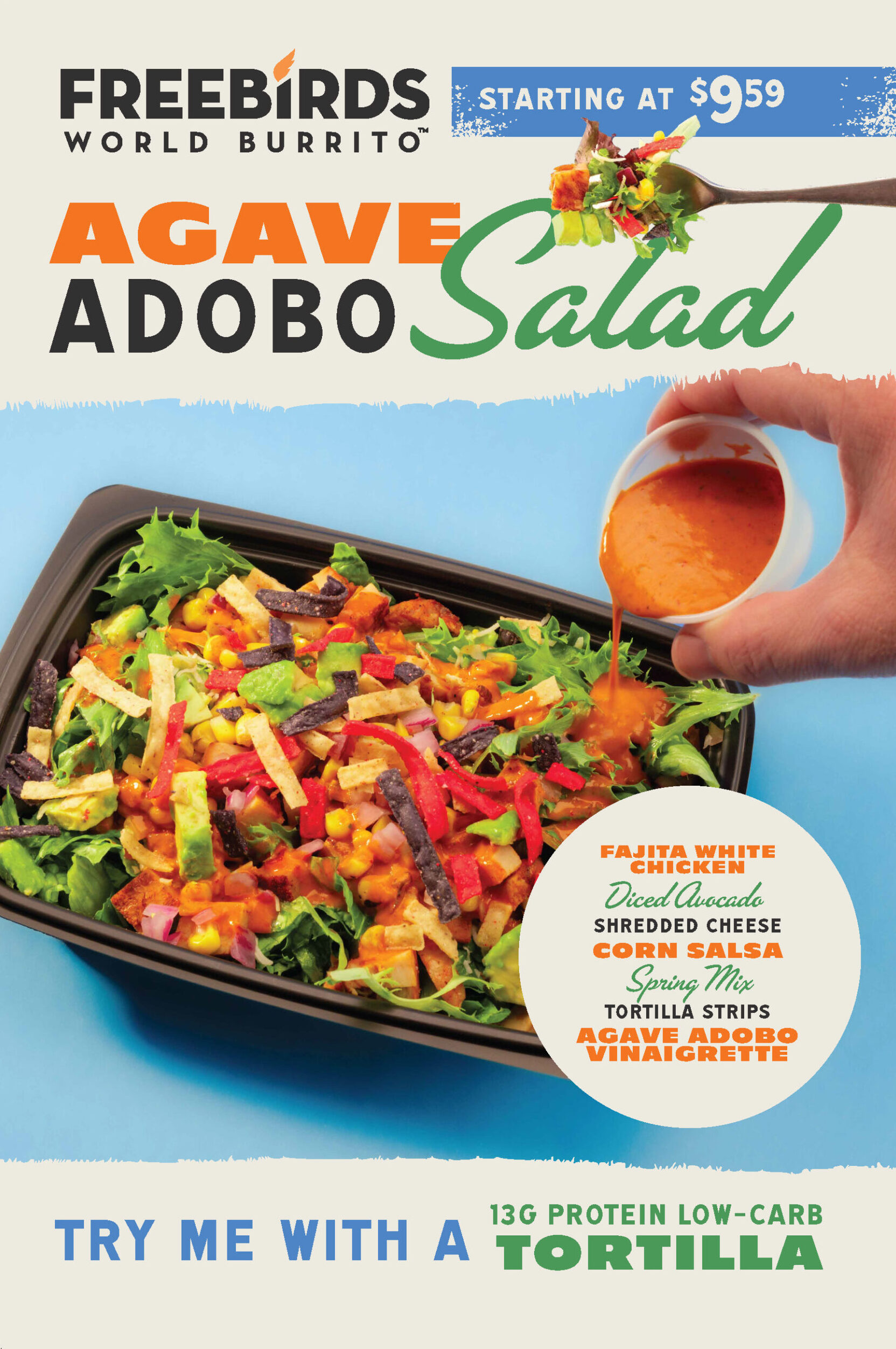 Freebirds Agave Adobo Salad A-frame sign with salad photography and low-carb tortilla message