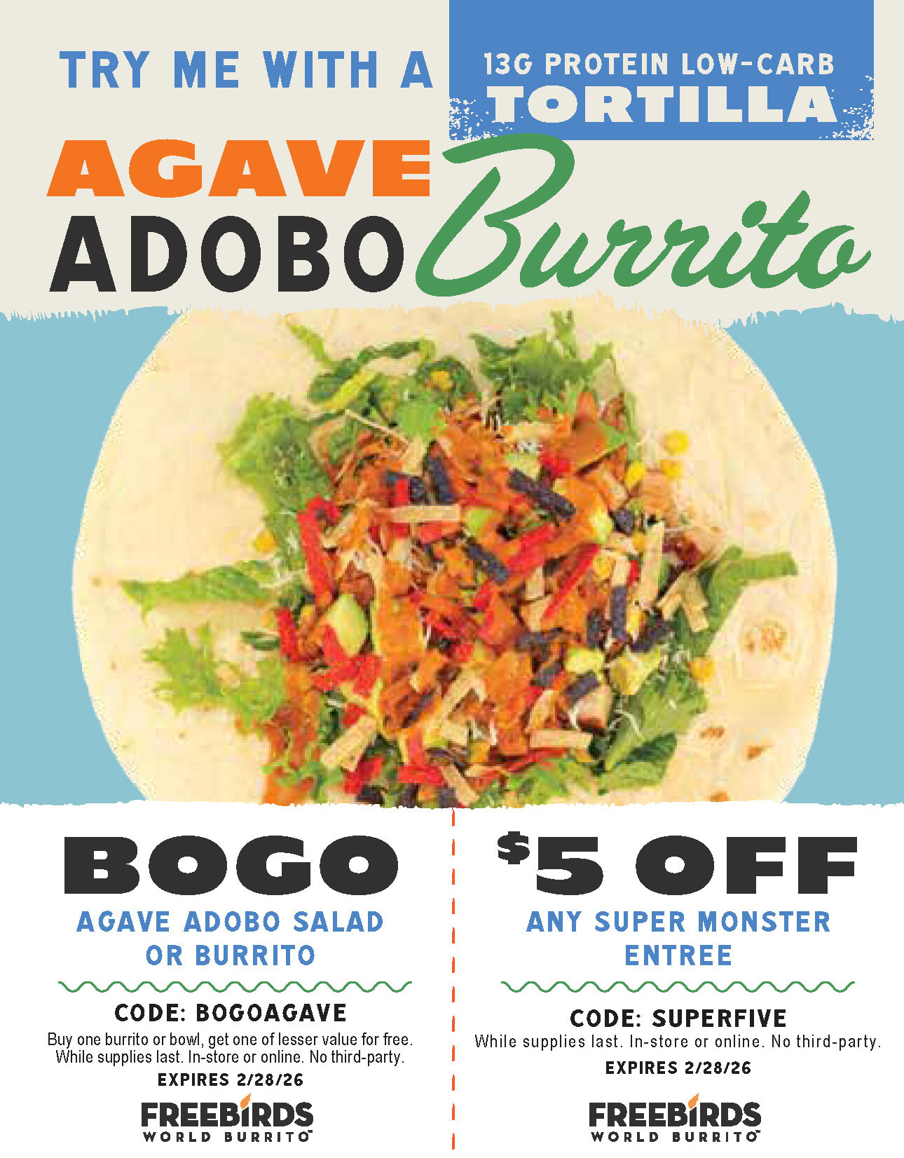 Freebirds Agave Adobo Burrito bag stuffer with BOGO offer and five dollar discount promotion