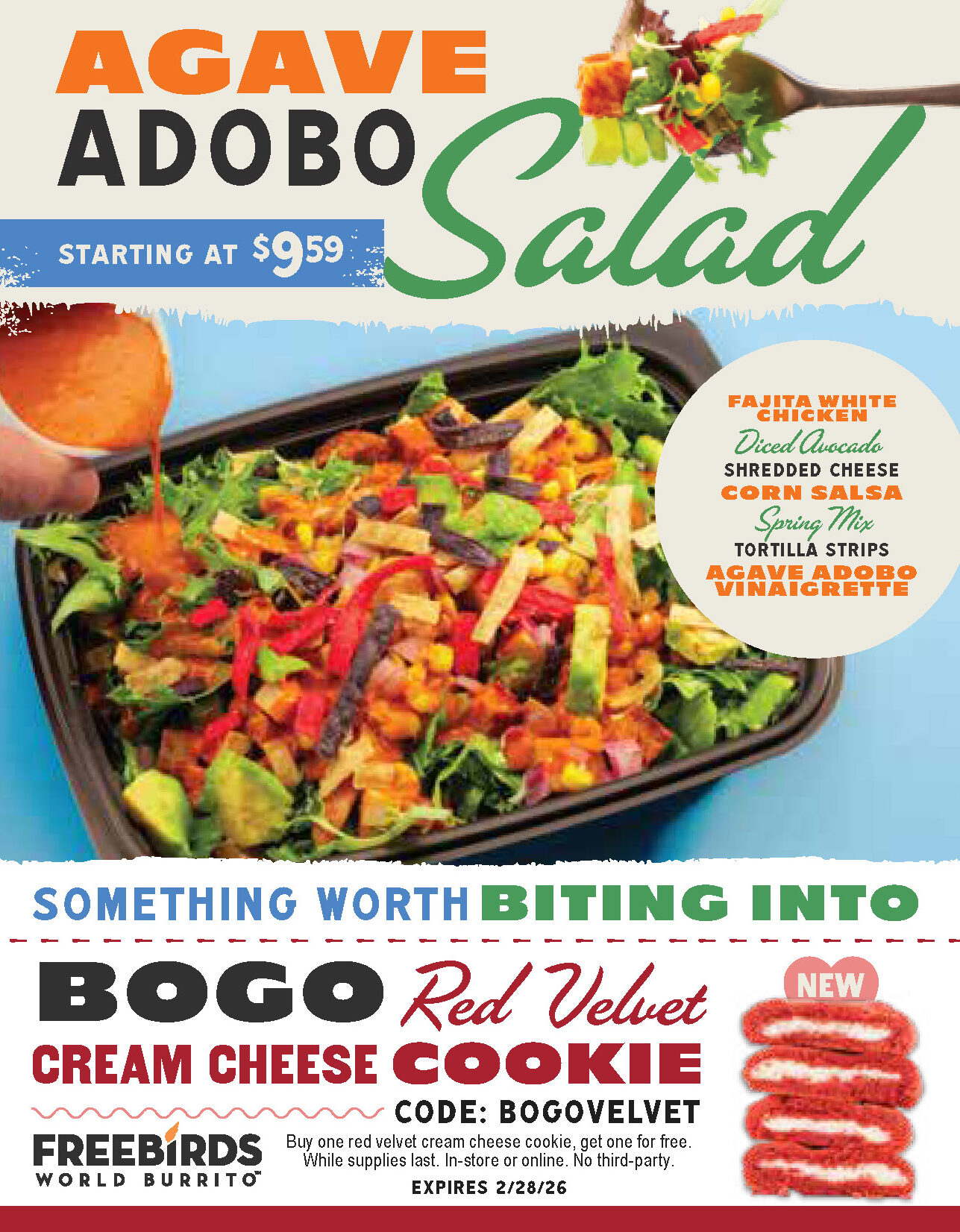 Freebirds Agave Adobo Salad bag stuffer with Red Velvet Cream Cheese Cookie BOGO offer