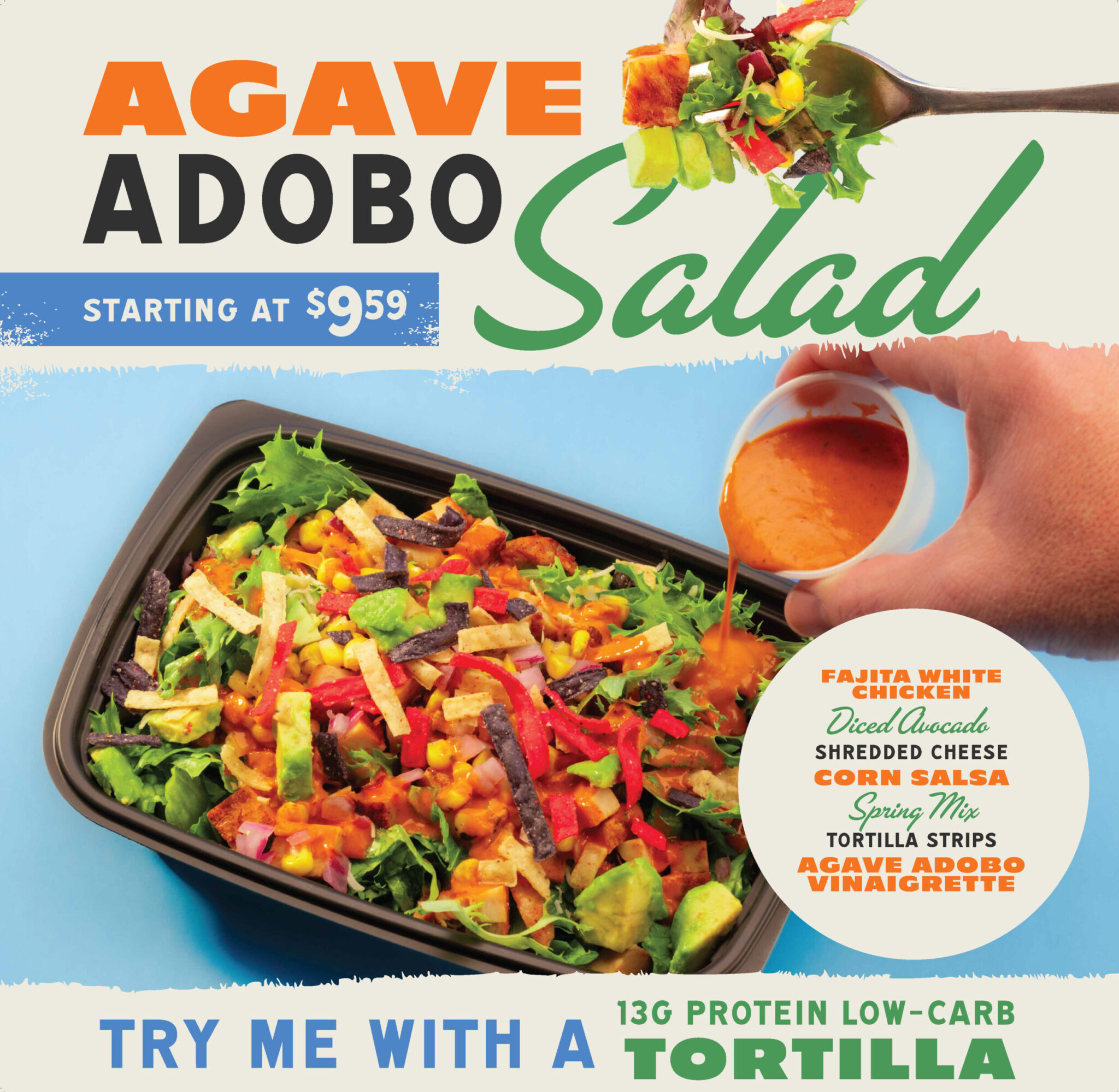 Freebirds Agave Adobo Salad menu board with salad ingredients and low-carb tortilla promotion