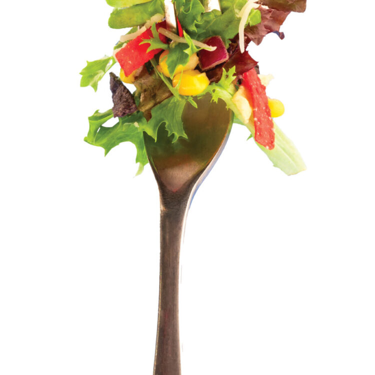 Freebirds Agave Adobo Salad ingredients on fork with chicken, greens, avocado, corn, and tortilla strips