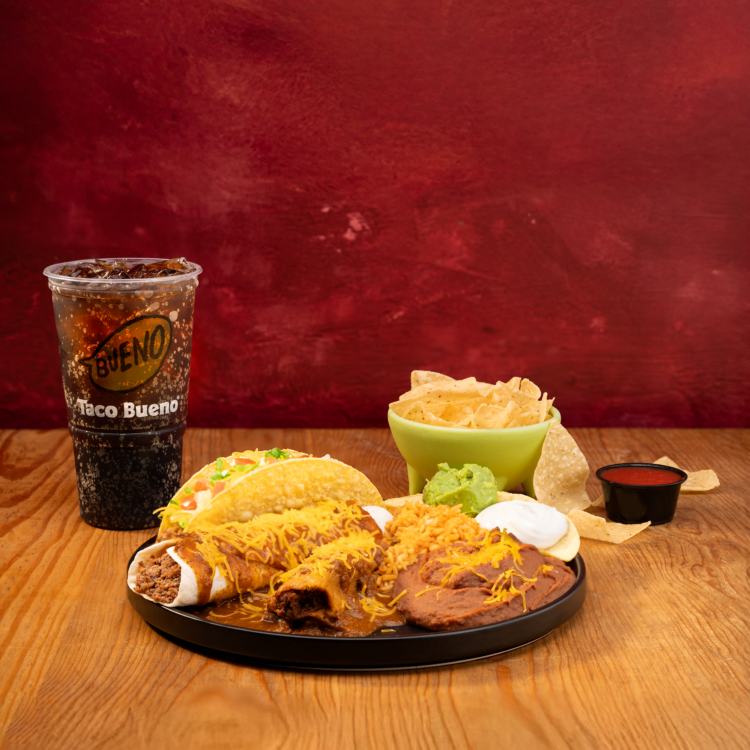 Taco Bueno Tamales Are Back combo platter with tamales, taco, rice, beans, chips, salsa, and drink